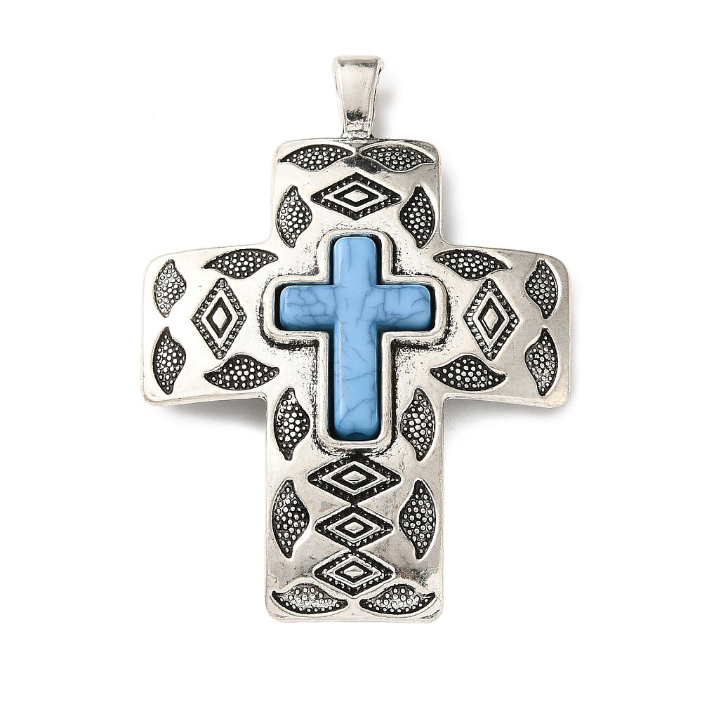 Antique Silver Turquoise Cross Pendant – One Per Pack | The Pink Bead Shop Canada