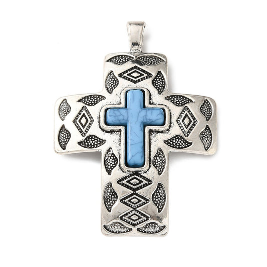 Antique Silver Turquoise Cross Pendant – One Per Pack | The Pink Bead Shop Canada