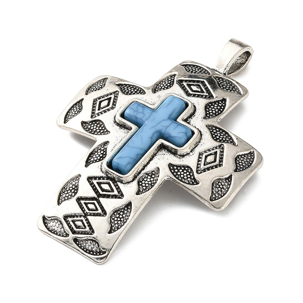 Antique Silver Turquoise Cross Pendant – One Per Pack | The Pink Bead Shop Canada