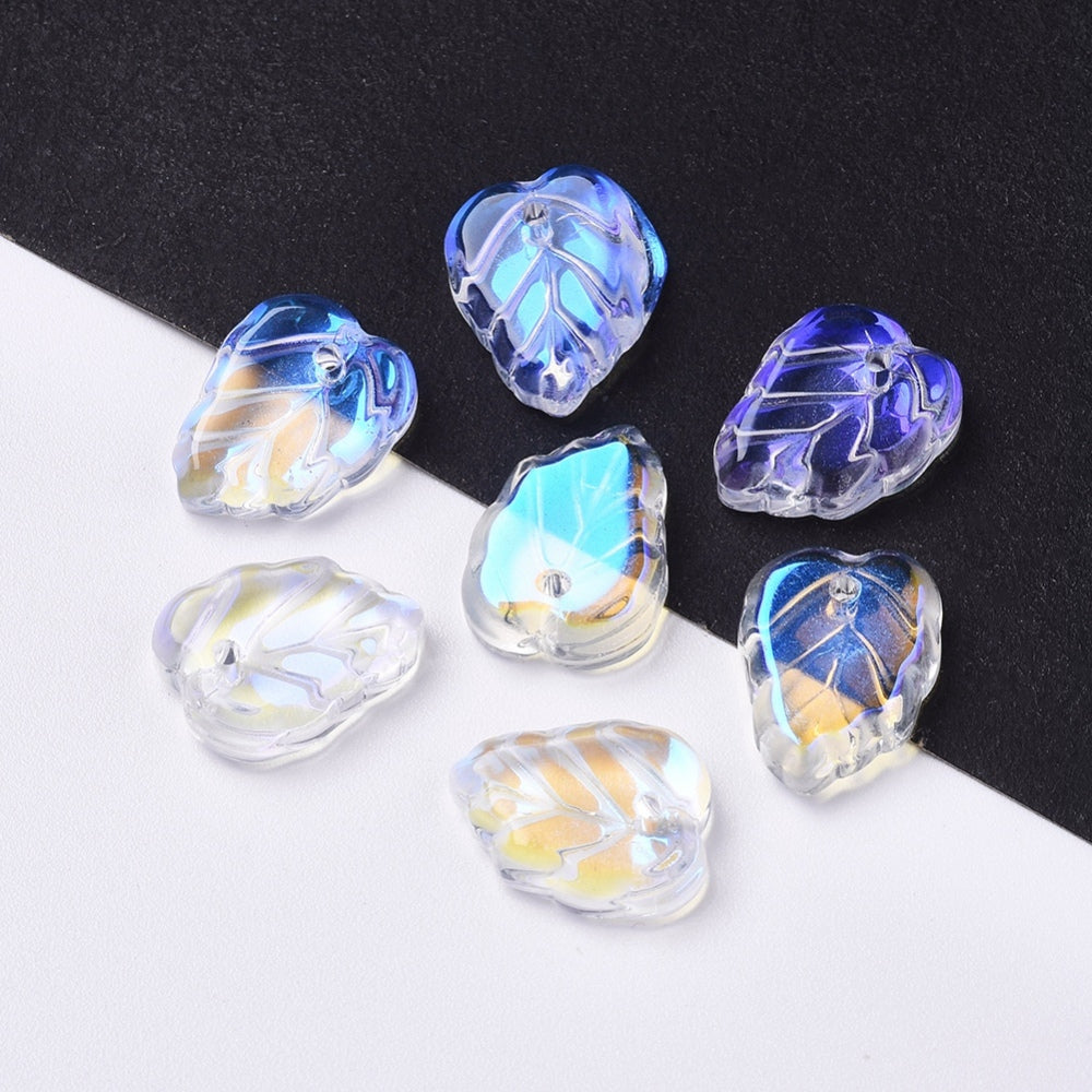 AB Glass Leaf Charms – Transparent Electroplated – Approx. 13.5mm Bulk The Pink Bead Shop