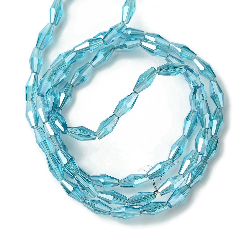 Deep Sky Blue Electroplated Glass Beads – Pearl Luster Faceted Rice Shape, 8×4mm The Pink Bead Shop