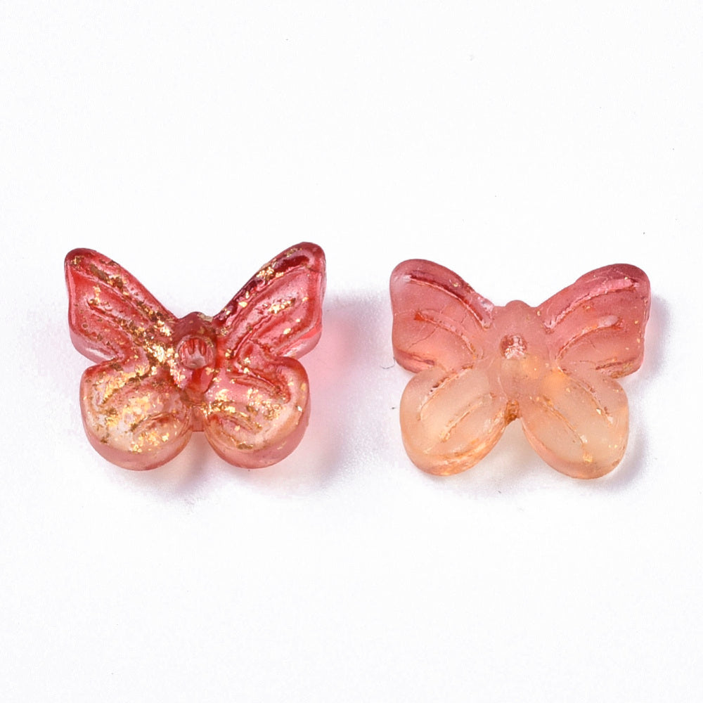 Orange Red Butterfly Glass Charms with Golden Foil 7x11mm | Pack of 10 | The Pink Bead Shop Canada