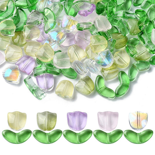 Transparent Tulip Flower & Leaf Glass Bead Set | Mixed Colors | The Pink Bead Shop Canada