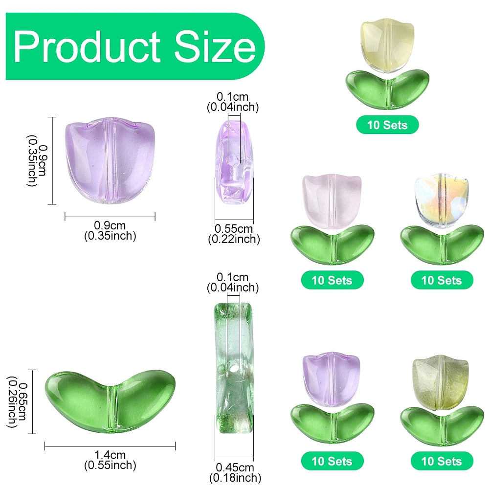 Transparent Tulip Flower & Leaf Glass Bead Set | Mixed Colors | The Pink Bead Shop Canada