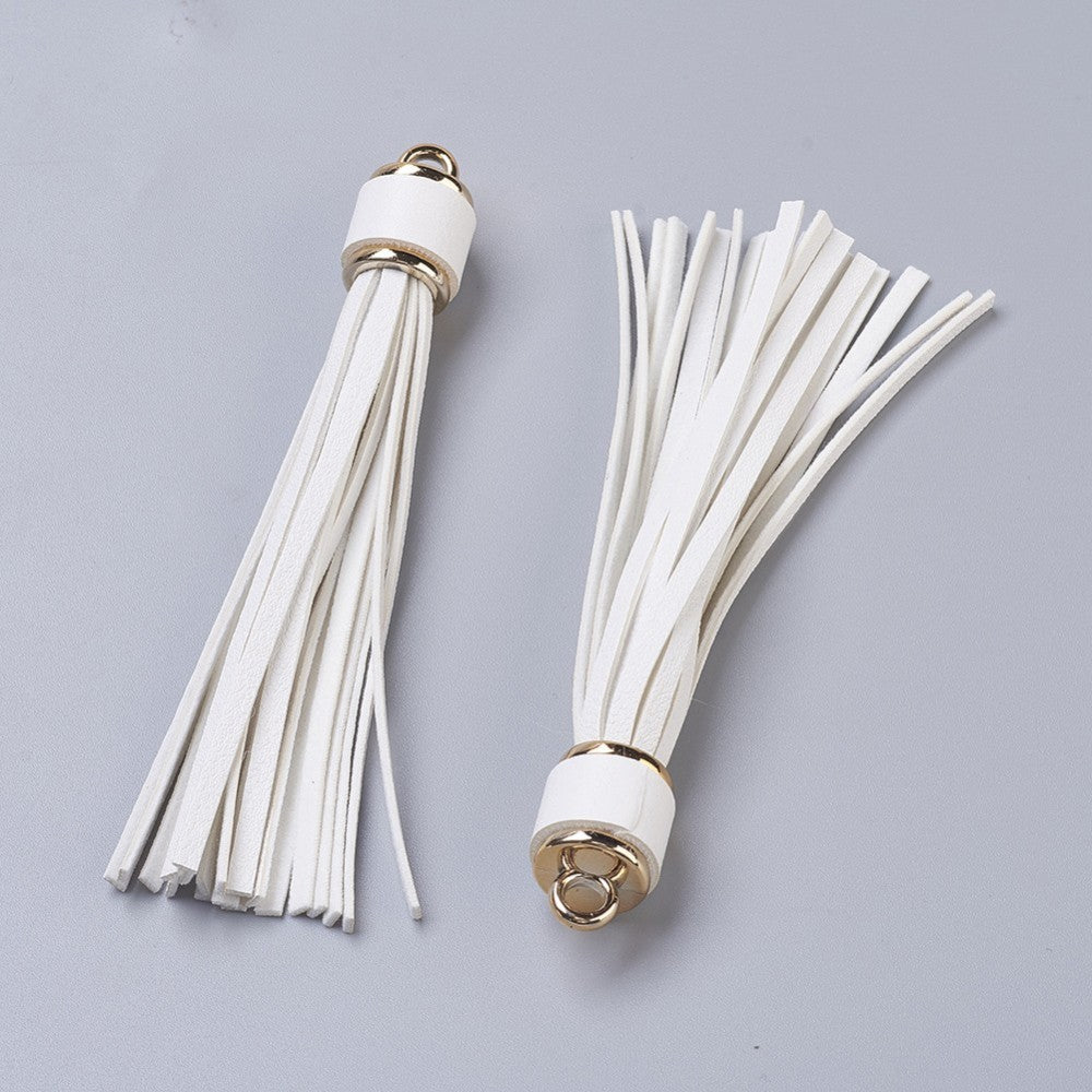 PU Leather Cord Tassel Big Pendants, with Plastic Clasps, White