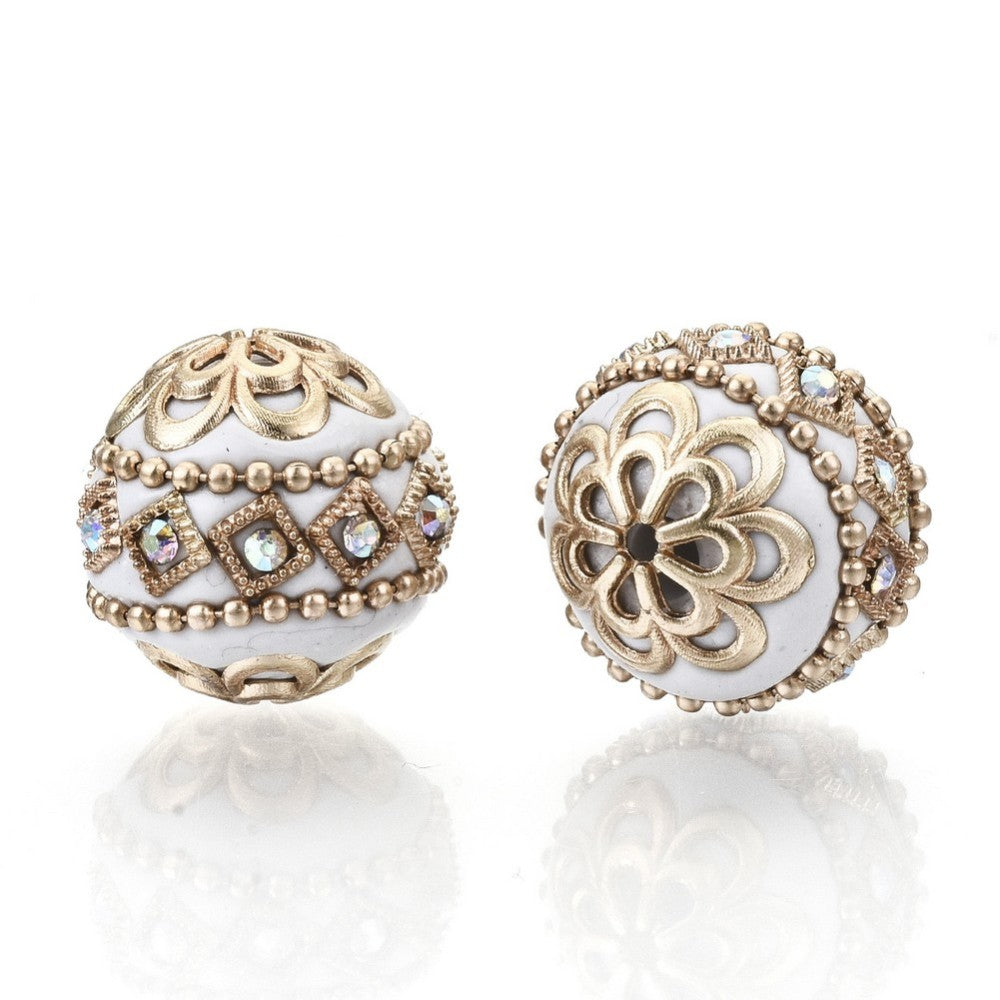 Handmade Indonesian Bead with Metal Findings – Light Gold & White 19.5mm | The Pink Bead Shop Canada