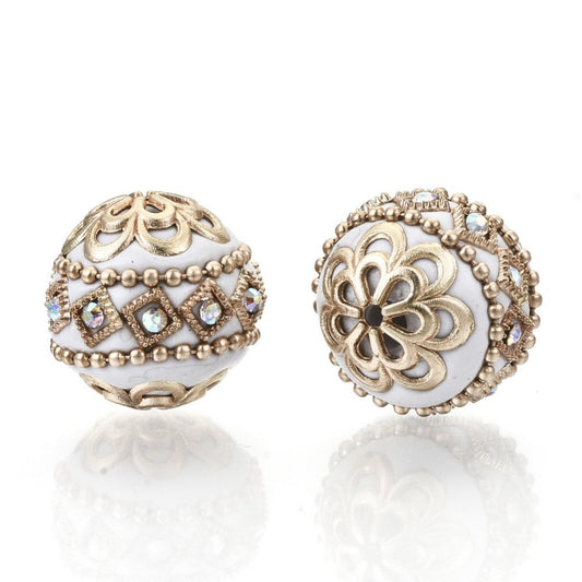 Handmade Indonesian Bead with Metal Findings – Light Gold & White 19.5mm | The Pink Bead Shop Canada