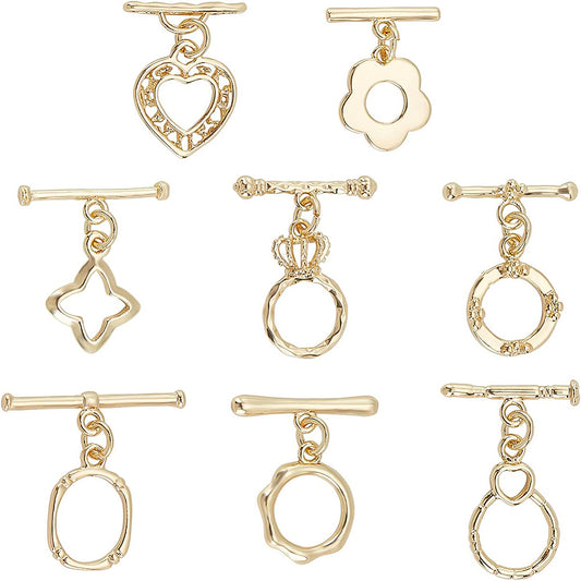 16 Sets Toggle Clasps – 16K Gold Plated Brass, Assorted Shapes (Heart, Crown, Oval, Flower, Star, Bottle & More) for Necklace & Bracelet Jewelry Making The Pink Bead Shop