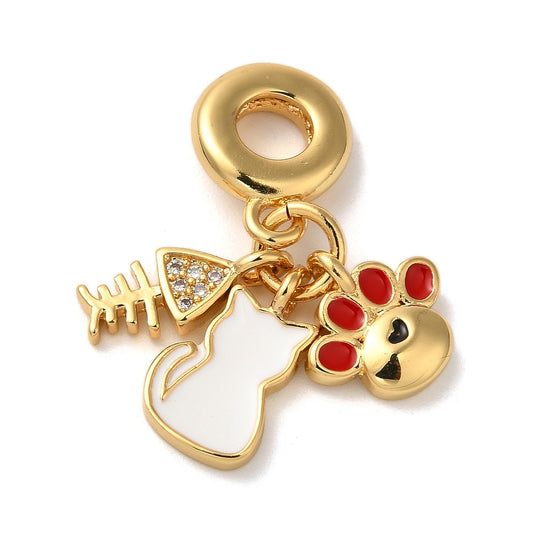 18K Gold Plated European Dangle Charm – Paw Print with Bone, Enamel & Micro Pave CZ, Large Hole Pendant, Lead & Cadmium Free The Pink Bead Shop