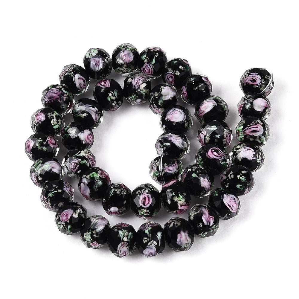 9–10mm Black Lampwork Luminous Glass Bead Strand with Purple Swirl | The Pink Bead Shop Canada