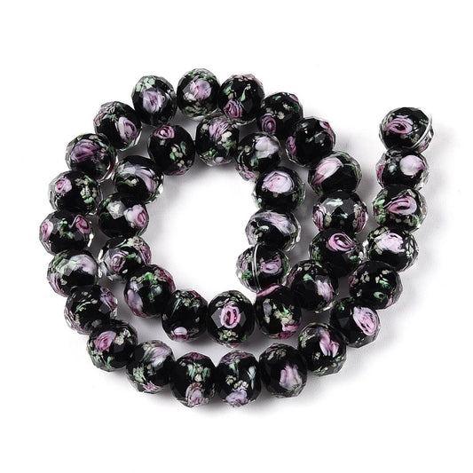 9–10mm Black Lampwork Luminous Glass Bead Strand with Purple Swirl | The Pink Bead Shop Canada