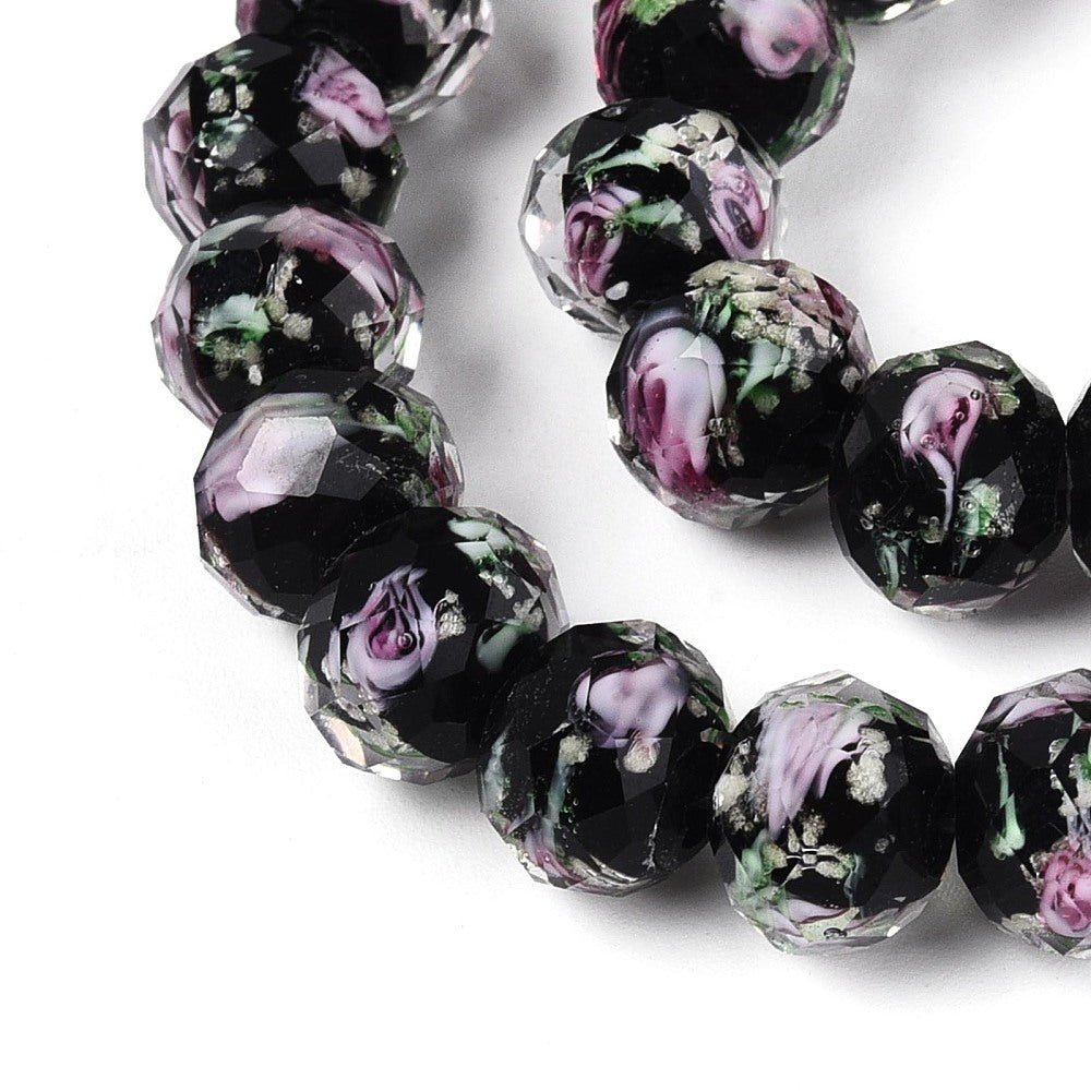 9–10mm Black Lampwork Luminous Glass Bead Strand with Purple Swirl | The Pink Bead Shop Canada