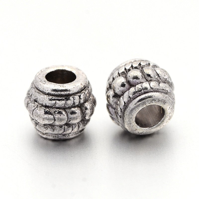 Tibetan Style Barrel Beads – Antique Silver Alloy, 8×6.5mm, 3.5mm Hole 5 Pack The Pink Bead Shop