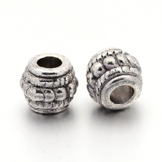 Tibetan Style Barrel Beads – Antique Silver Alloy, 8×6.5mm, 3.5mm Hole 5 Pack The Pink Bead Shop