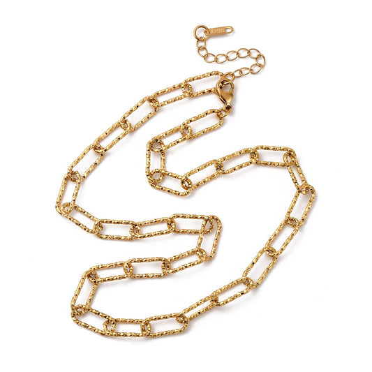 18K Gold Plated Textured Paperclip Chain Necklace – Stainless Steel, Unisex, 18.19 inch (46.2cm) + Extender The Pink Bead Shop
