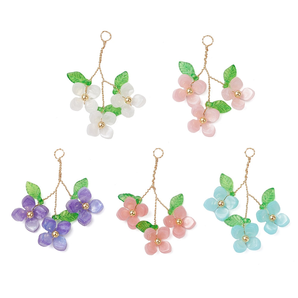 Mixed Color Glass Flower Drop Pendants – Pearlized Floral Charms with Leaves The Pink Bead Shop