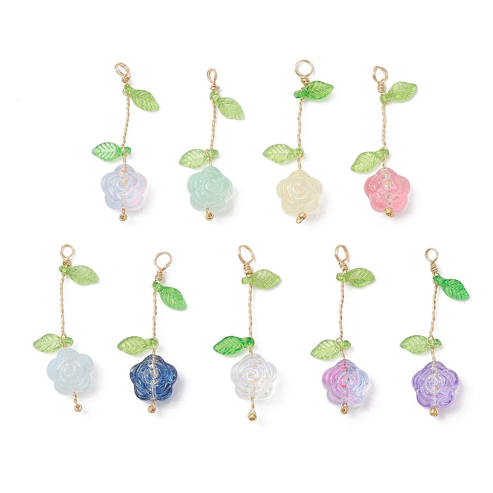 Transparent Glass Flower Pendants with Leaves sets of 9 – Gold Wire Wrapped The Pink Bead Shop