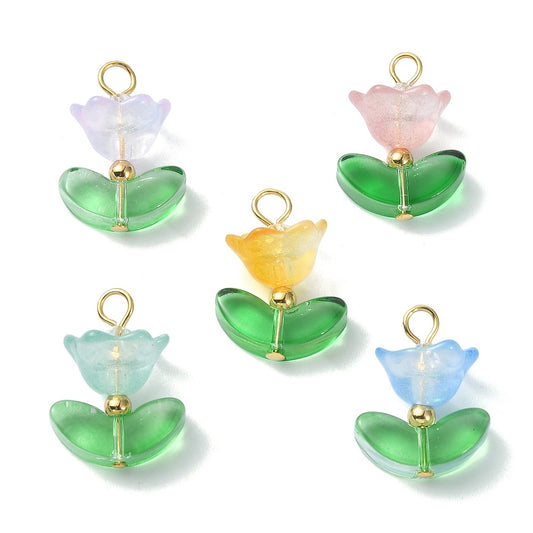 Glass Flower Charms with Leaf 5 Piece | Mixed Color Floral Pendants | The Pink Bead Shop Canada
