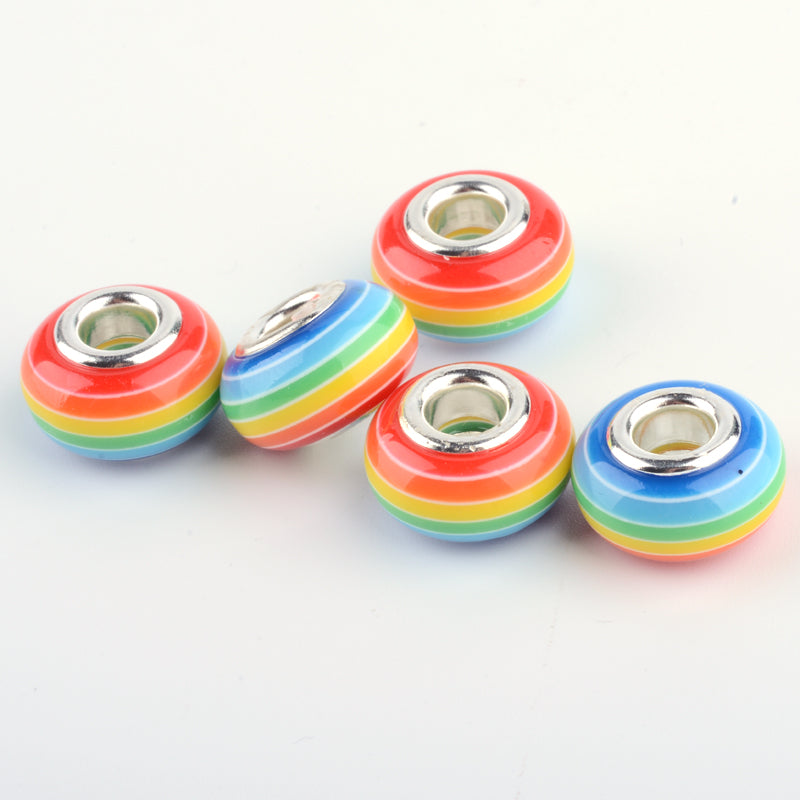 Bulk Rainbow Stripe Resin Large Hole Beads – 14mm | The Pink Bead Shop Canada