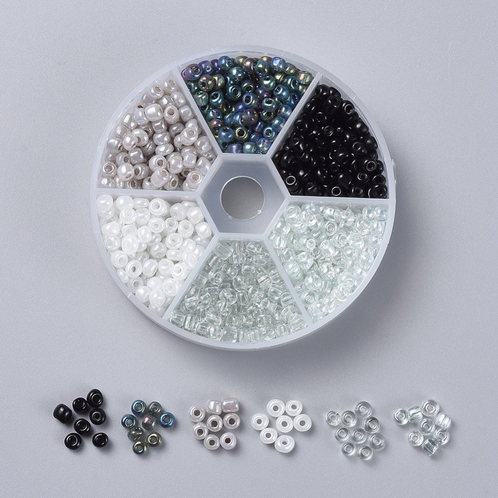 6/0 Glass Seed Beads Black, White & Silver Mix – 60g Box | The Pink Bead Shop Canada