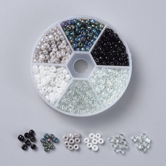 6/0 Glass Seed Beads Black, White & Silver Mix – 60g Box | The Pink Bead Shop Canada