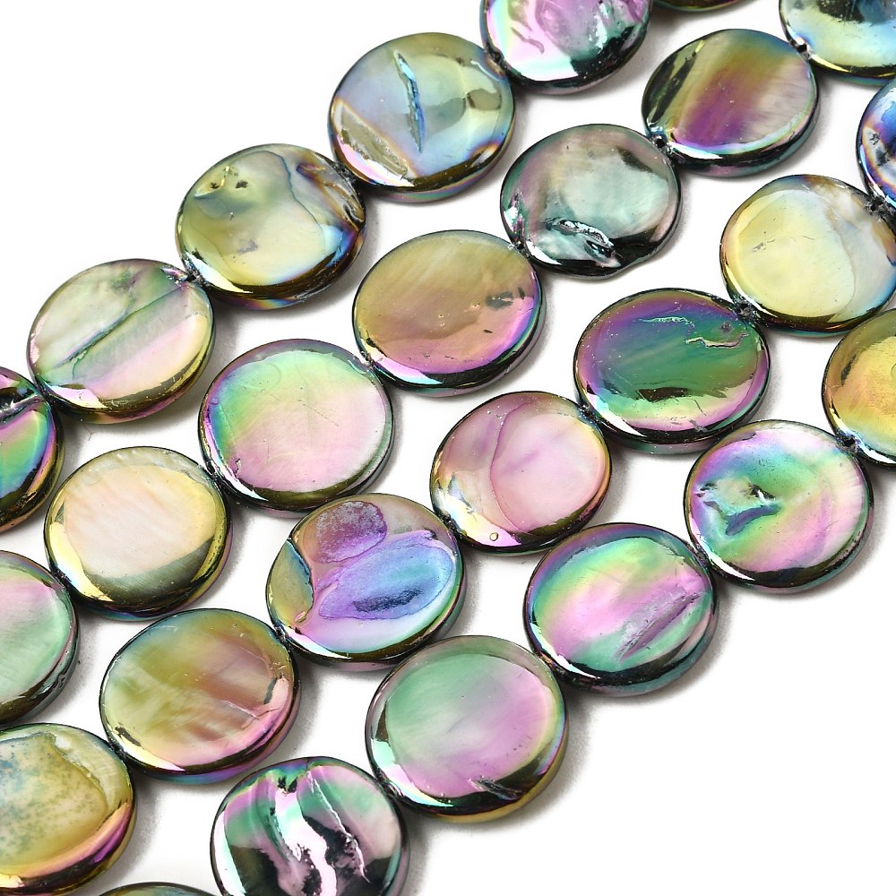Freshwater Shell Coin Beads – Electroplated AB Rainbow Finish 15–16mm | The Pink Bead Shop Canada