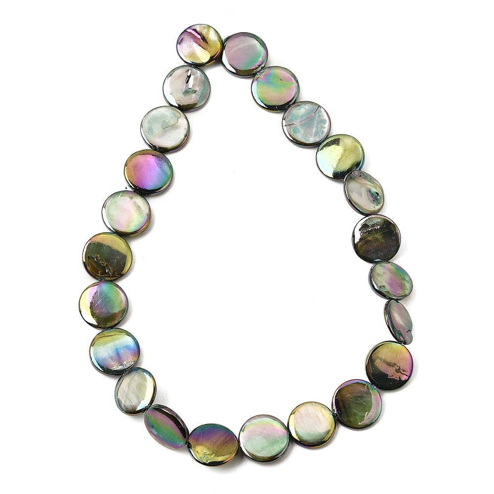 Freshwater Shell Coin Beads – Electroplated AB Rainbow Finish 15–16mm | The Pink Bead Shop Canada