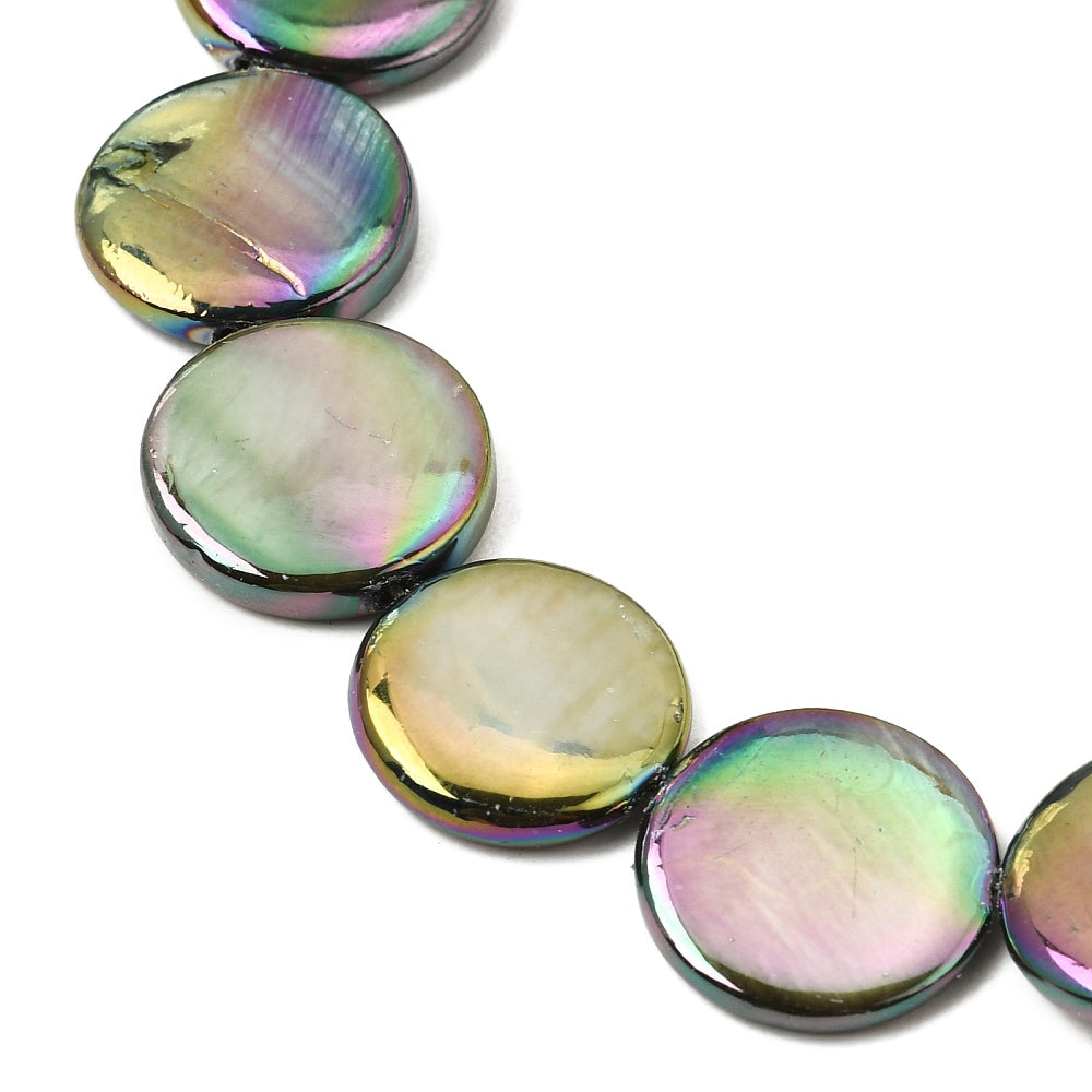 Freshwater Shell Coin Beads – Electroplated AB Rainbow Finish 15–16mm | The Pink Bead Shop Canada