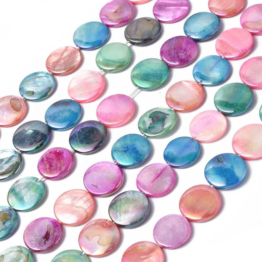 Electroplated Freshwater Shell Coin Beads – Mixed Colours (15mm Strand) | The Pink Bead Shop Canada