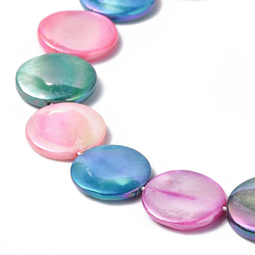Electroplated Freshwater Shell Coin Beads – Mixed Colours (15mm Strand) | The Pink Bead Shop Canada