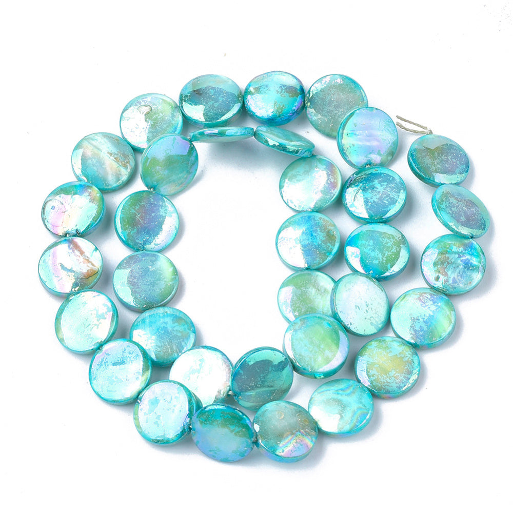 Freshwater Shell Beads Strands – AB Color Plated, Dyed, Flat Round, Mixed Color, 10–11.5×3–4mm, Hole: 1mm, Approx. 34pcs/Strand, 15.15” The Pink Bead Shop