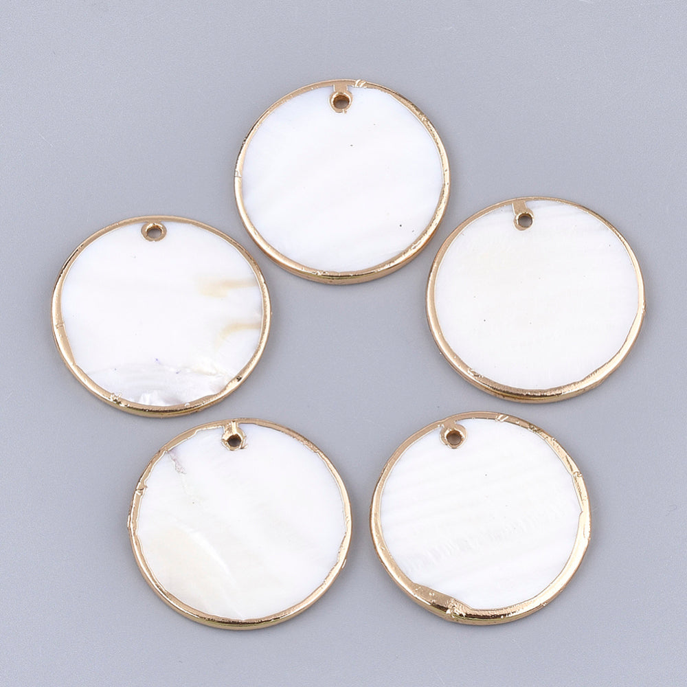 Freshwater Shell Pendants, Flat Round, Light Gold Electroplate  2 Pack