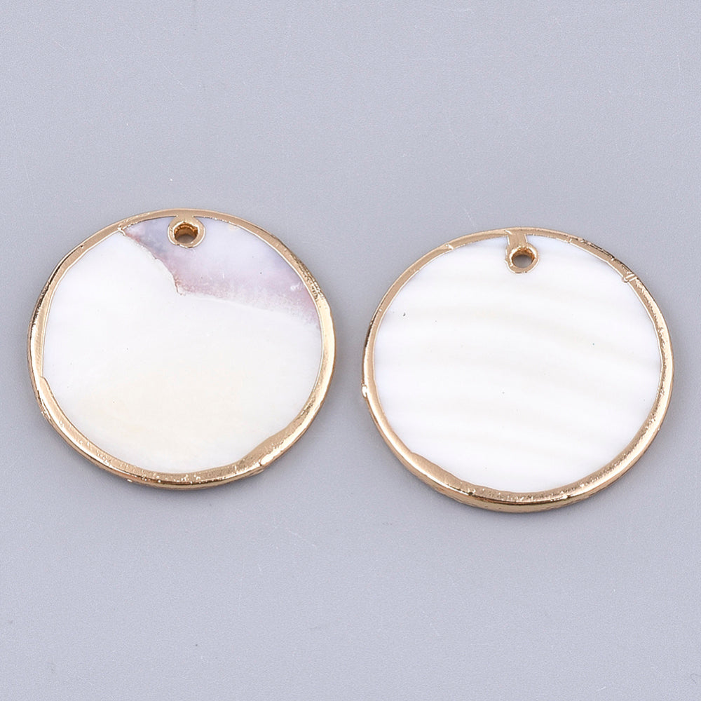 Freshwater Shell Pendants, Flat Round, Light Gold Electroplate  2 Pack
