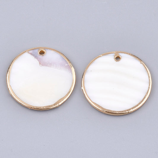Freshwater Shell Pendants, Flat Round, Light Gold Electroplate  2 Pack