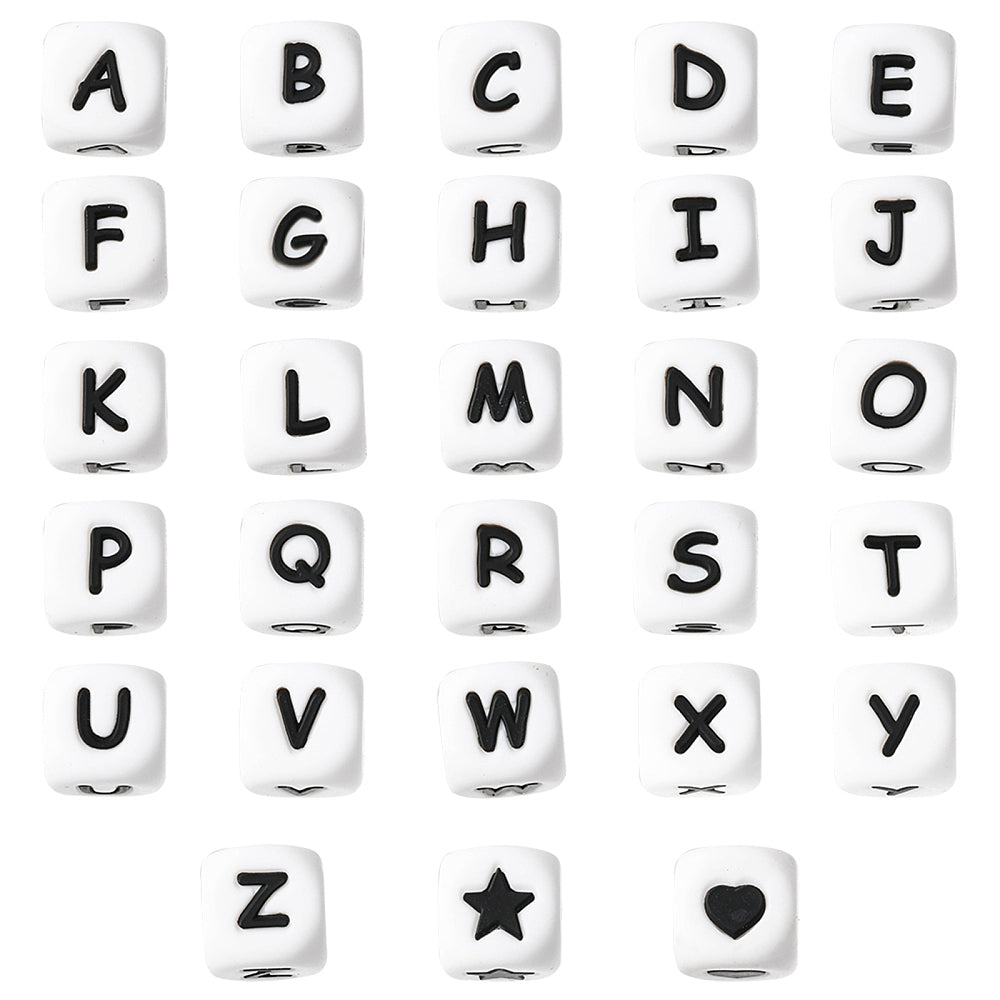 28 Style Food Grade Eco-Friendly Silicone Beads, White Cube with Black Letter &amp; Heart &amp; Star, Letter A~Z