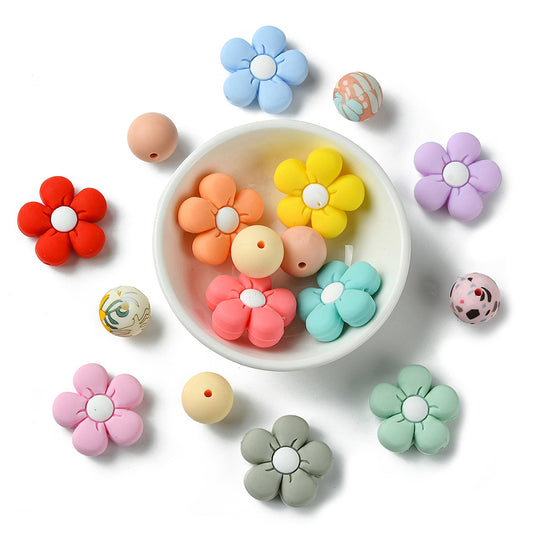 Food Grade Eco-Friendly Silicone Beads, DIY Necklaces Making, Flower/Round, Mixed Color
