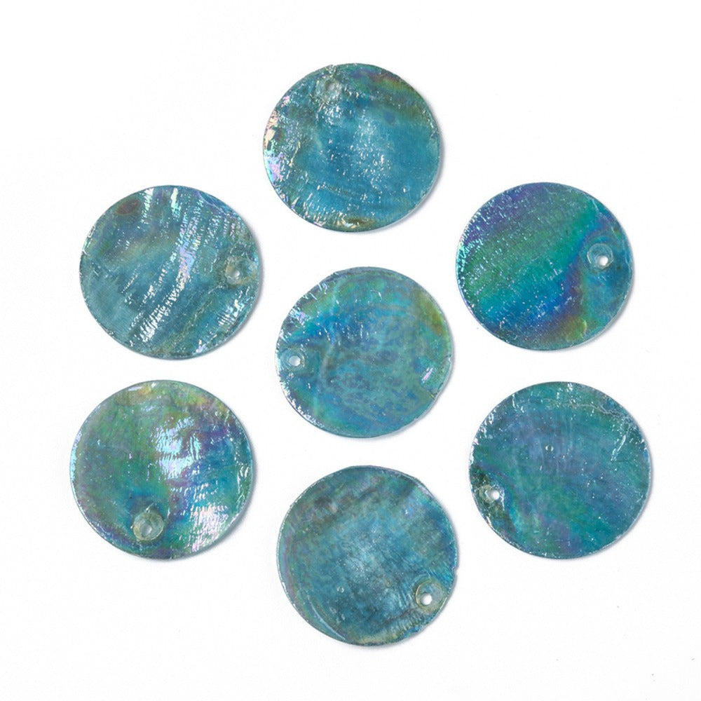 Dyed Capiz Shell Pendants – Dark Turquoise, Flat Round 24–25×1–2mm, 1–1.5mm Hole 10 Pack
