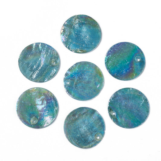 Dyed Capiz Shell Pendants – Dark Turquoise, Flat Round 24–25×1–2mm, 1–1.5mm Hole 10 Pack