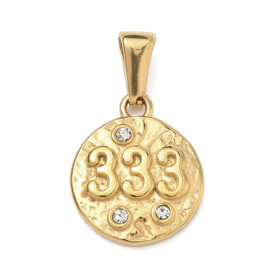 Angel Number 333 Pendant – Gold Stainless Steel Rhinestone Charm | The Pink Bead Shop Canada