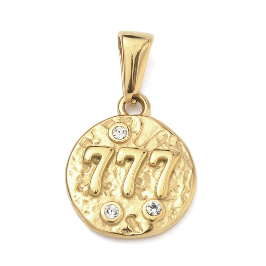 777 Angel Number Pendant – Gold Stainless Steel Rhinestone Charm | The Pink Bead Shop Canada
