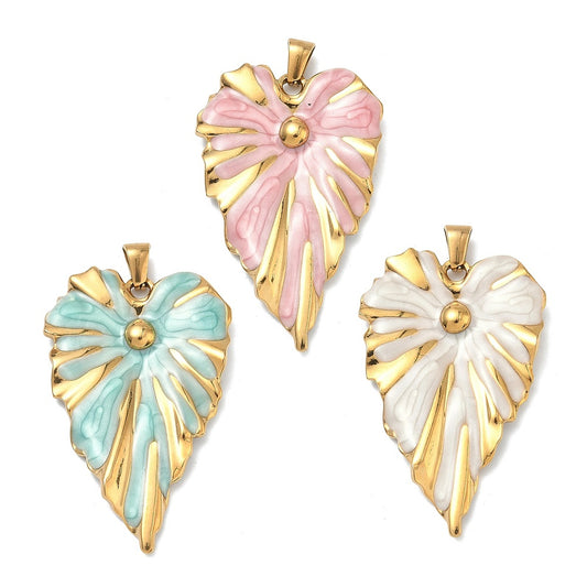 Enamel Leaf Pendants – 18K Gold Plated Stainless Steel | Multiple Colours | The Pink Bead Shop Canada