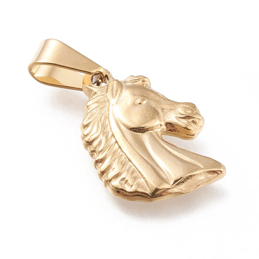 Stainless Steel Horse Head Pendant – Gold Tone, 21×15mm The Pink Bead Shop