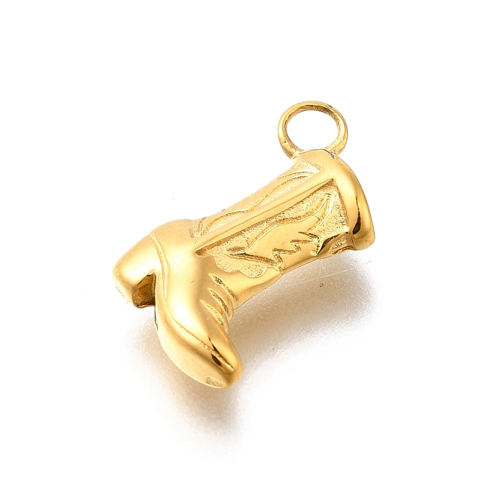 304 Stainless Steel Cowboy Boot Charm, Real 14K Gold Plated 15x10x3.5mm | The Pink Bead Shop Canada