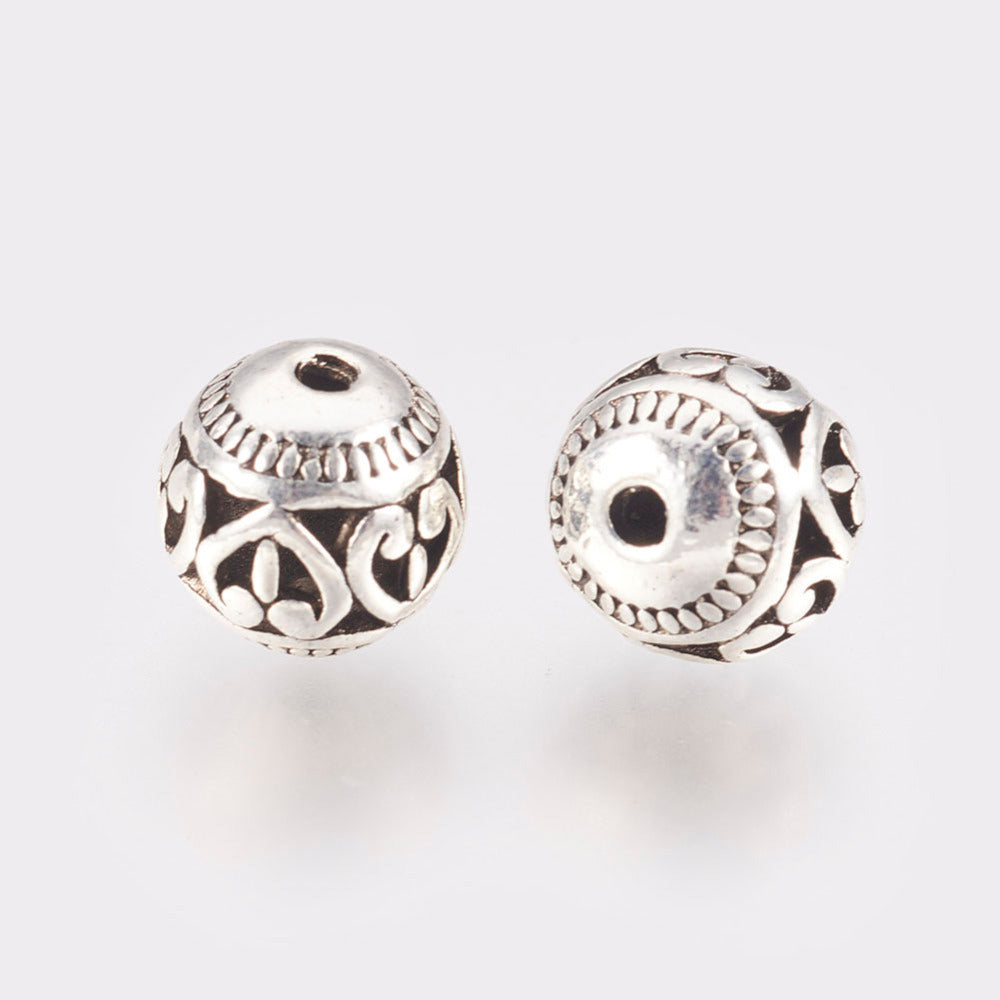 Tibetan Style Hollow Heart Beads – Antique Silver Alloy, Round 11×10mm, 1.5mm Hole 5Pack The Pink Bead Shop