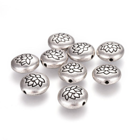 Tibetan Style Lotus Beads – Sterling Silver Plated Alloy, Flat Round 14×6.5mm, 1mm Hole 2Pack The Pink Bead Shop