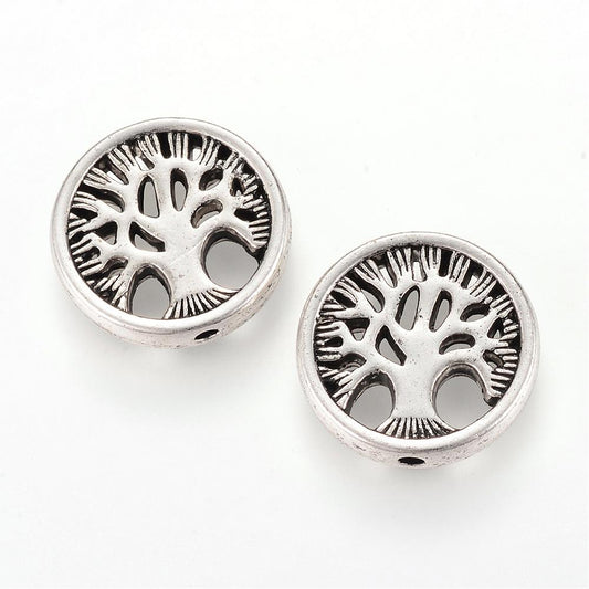 Tibetan Style Tree of Life Beads – Antique Silver Alloy, Flat Round 18×4mm, 1.5mm Hole 4 PACK The Pink Bead Shop