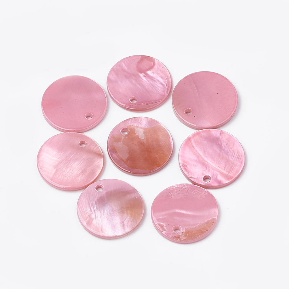 Dyed Freshwater Shell Flat Round Pendants 16mm Flamingo Pink – 2 Pack | The Pink Bead Shop Canada