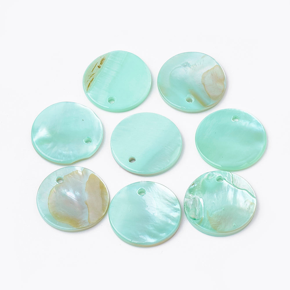 Dyed Freshwater Shell Flat Round Pendants 16mm Pale Turquoise – 2 Pack | The Pink Bead Shop Canada
