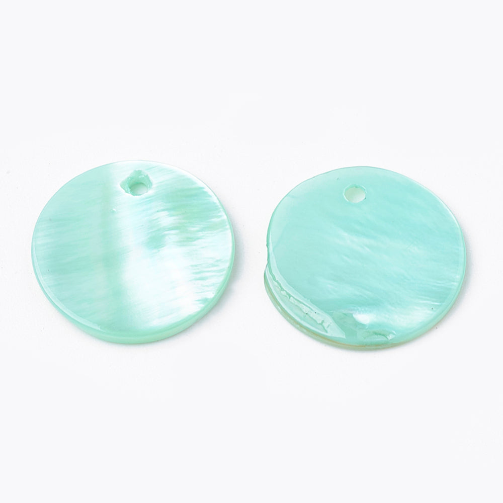 Dyed Freshwater Shell Flat Round Pendants 16mm Pale Turquoise – 2 Pack | The Pink Bead Shop Canada