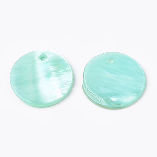 Dyed Freshwater Shell Flat Round Pendants 16mm Pale Turquoise – 2 Pack | The Pink Bead Shop Canada